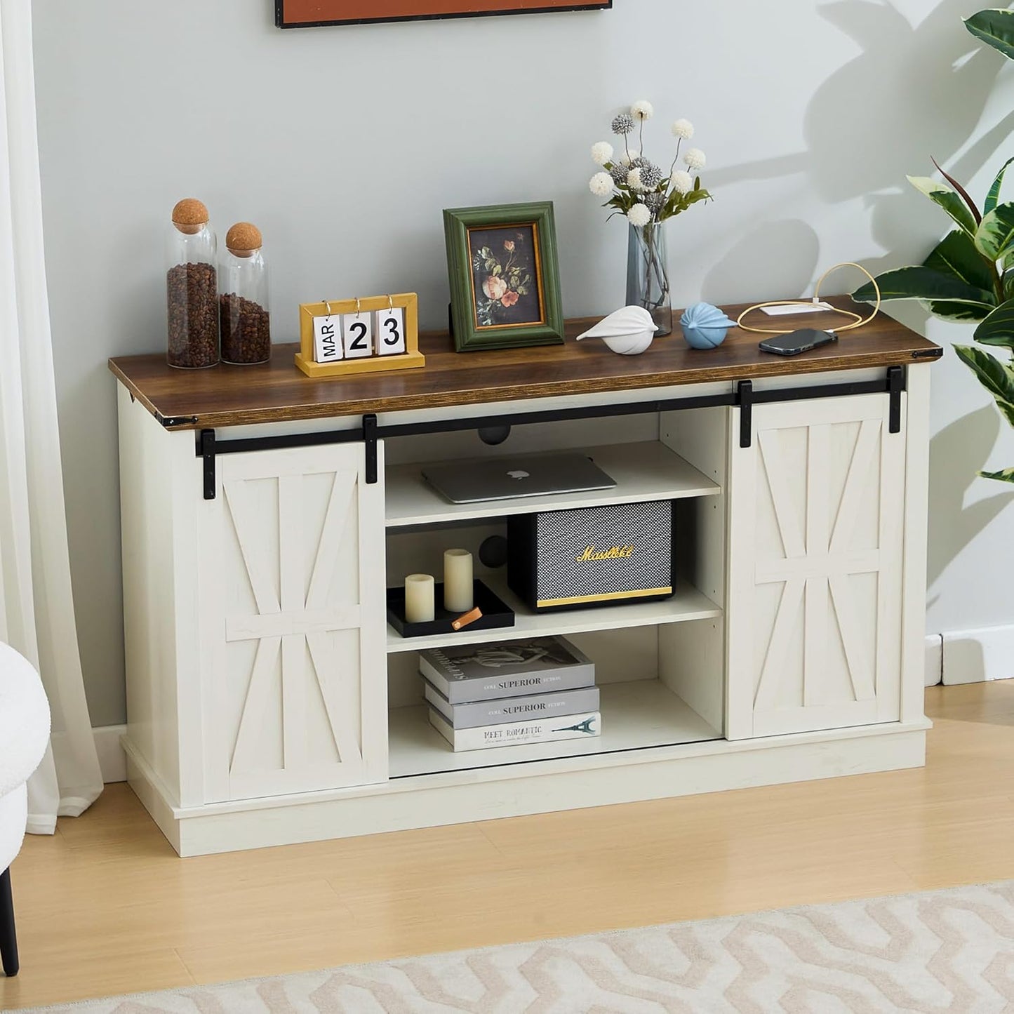 White Farmhouse TV Stand with Power Outlets & Storage