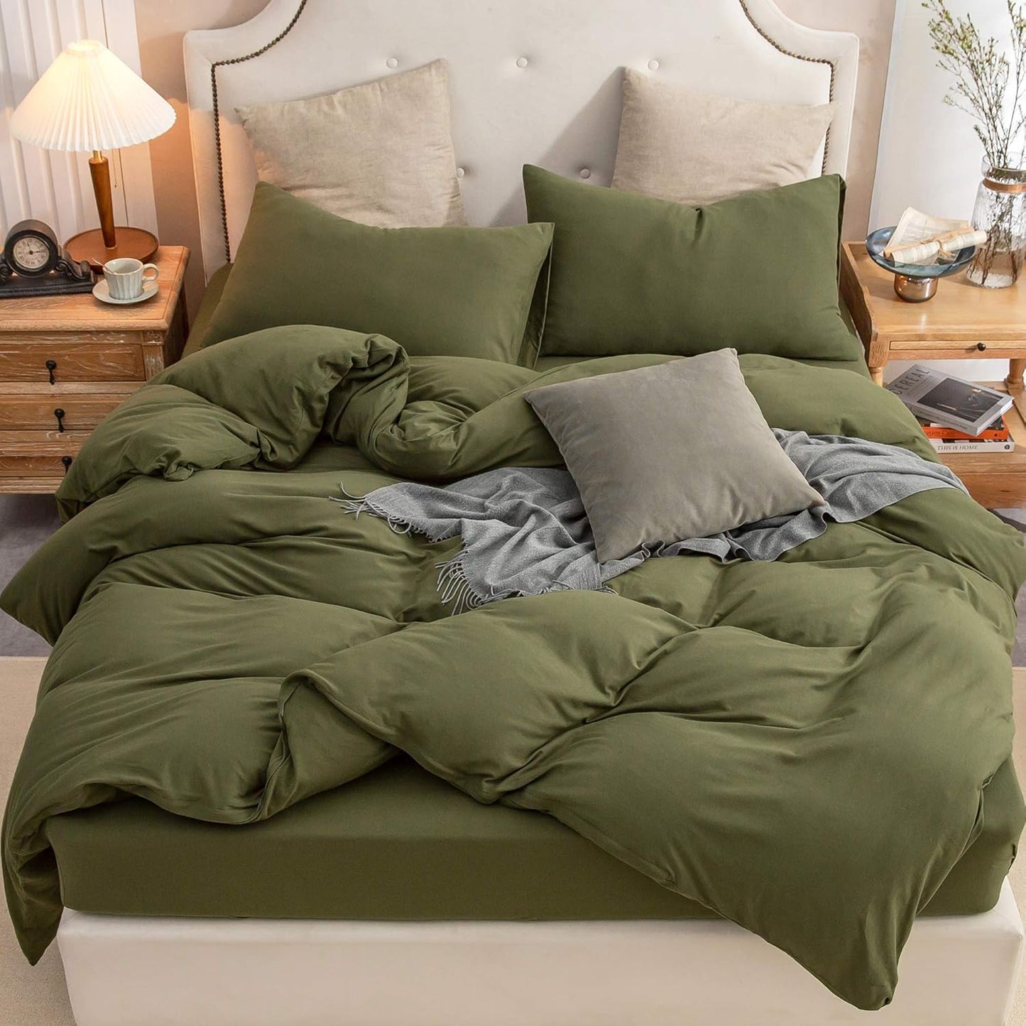 PURE ERA Jersey Knit Duvet Cover Set in Olive Green for Full Bed