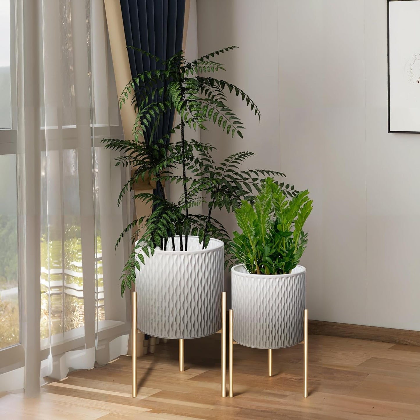 ARNIS Mid Century Decorative Metal Flower Pots with Stand Set