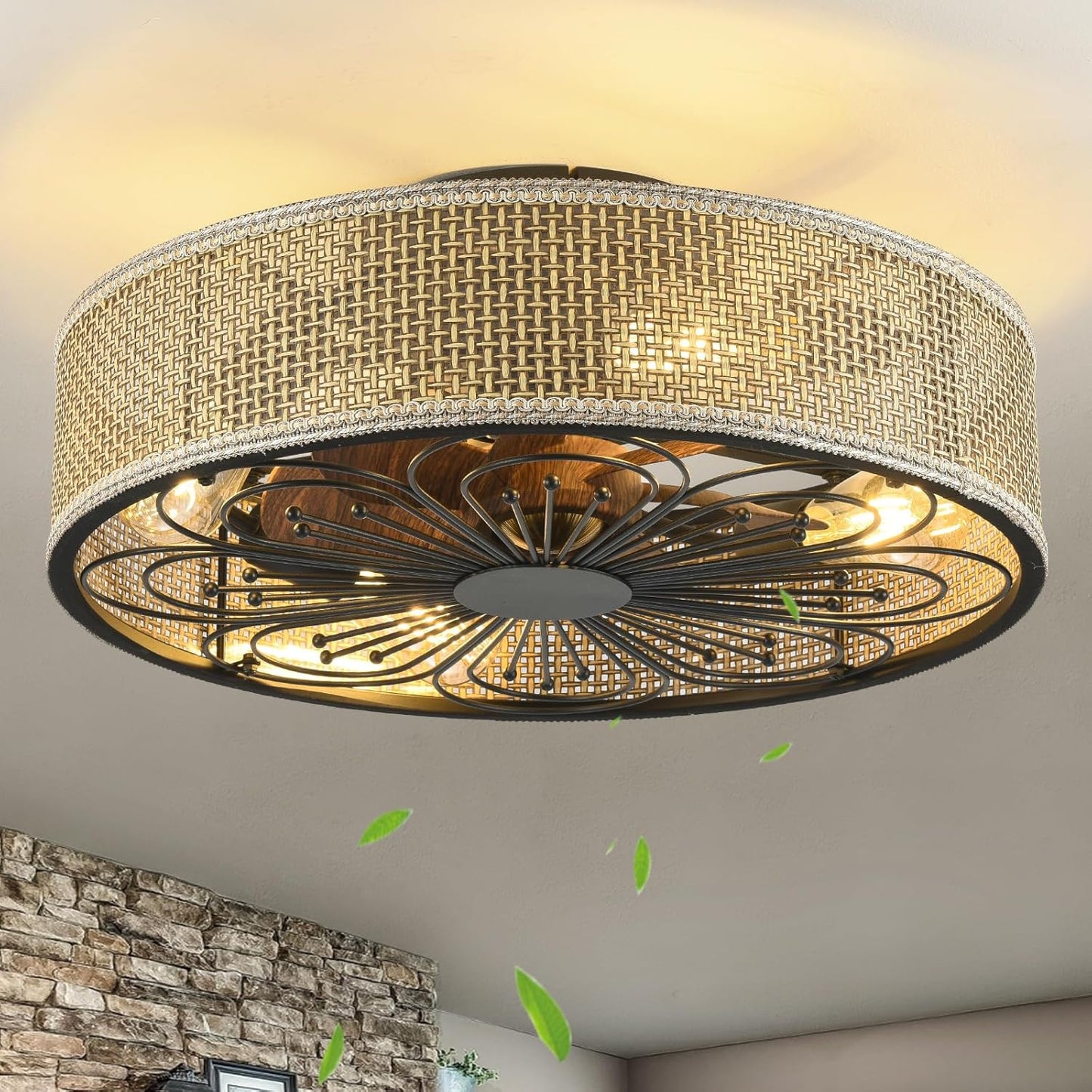 Modern Boho Rattan Flush Mount Ceiling Fan with Lights and Remote