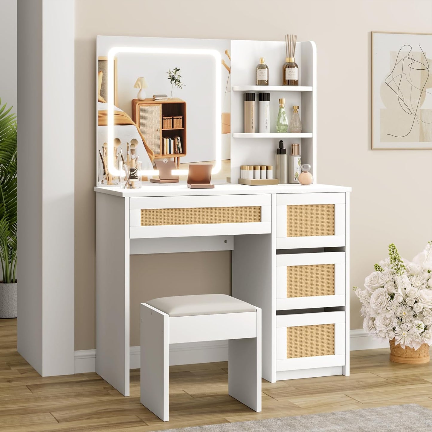 Boho Vanity Desk with Lights & Ample Storage
