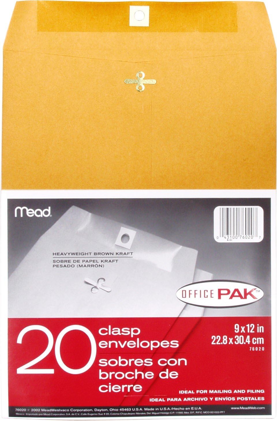 Secure & Sturdy Mead Clasp Envelopes - 9x12, Kraft- Brown, 20ct