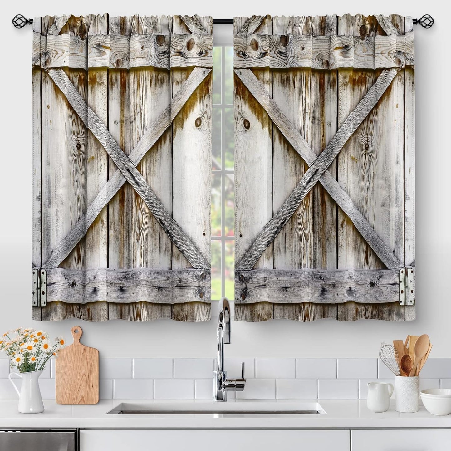 Rustic Farmhouse Wood Kitchen Curtains - Farmhouse Charm in 45 Length, Set of 2