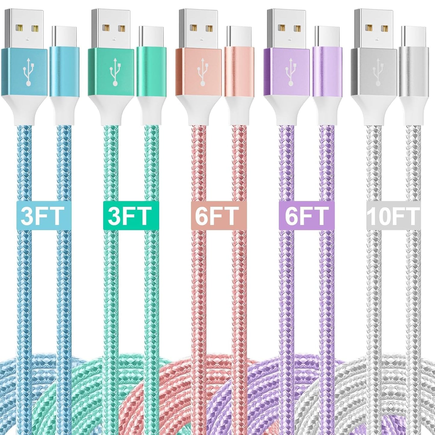 Fast Charge 5-Pack USB-C Cables for iPhone, Samsung, Google - HKYUSHINE