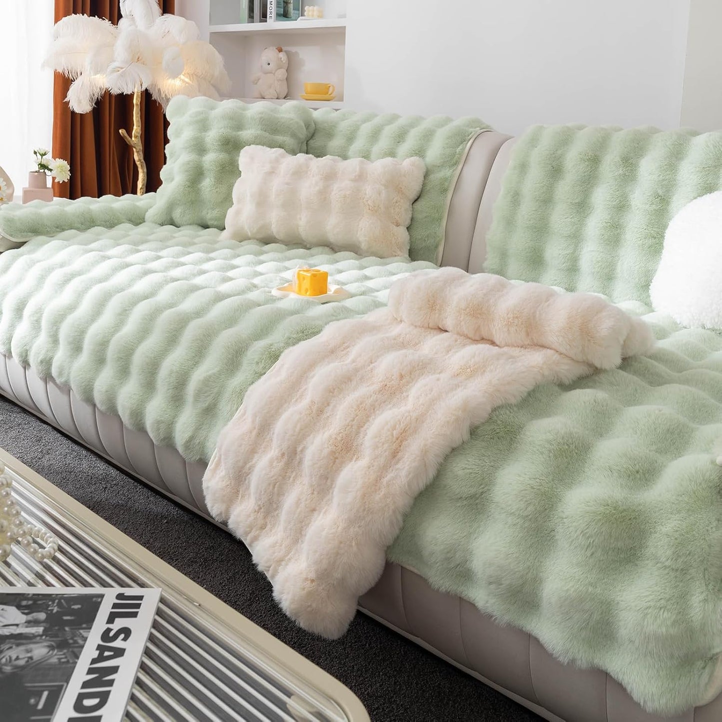 Faux Fur Couch Cover for L Shaped Sofas - Plush and Non Slip