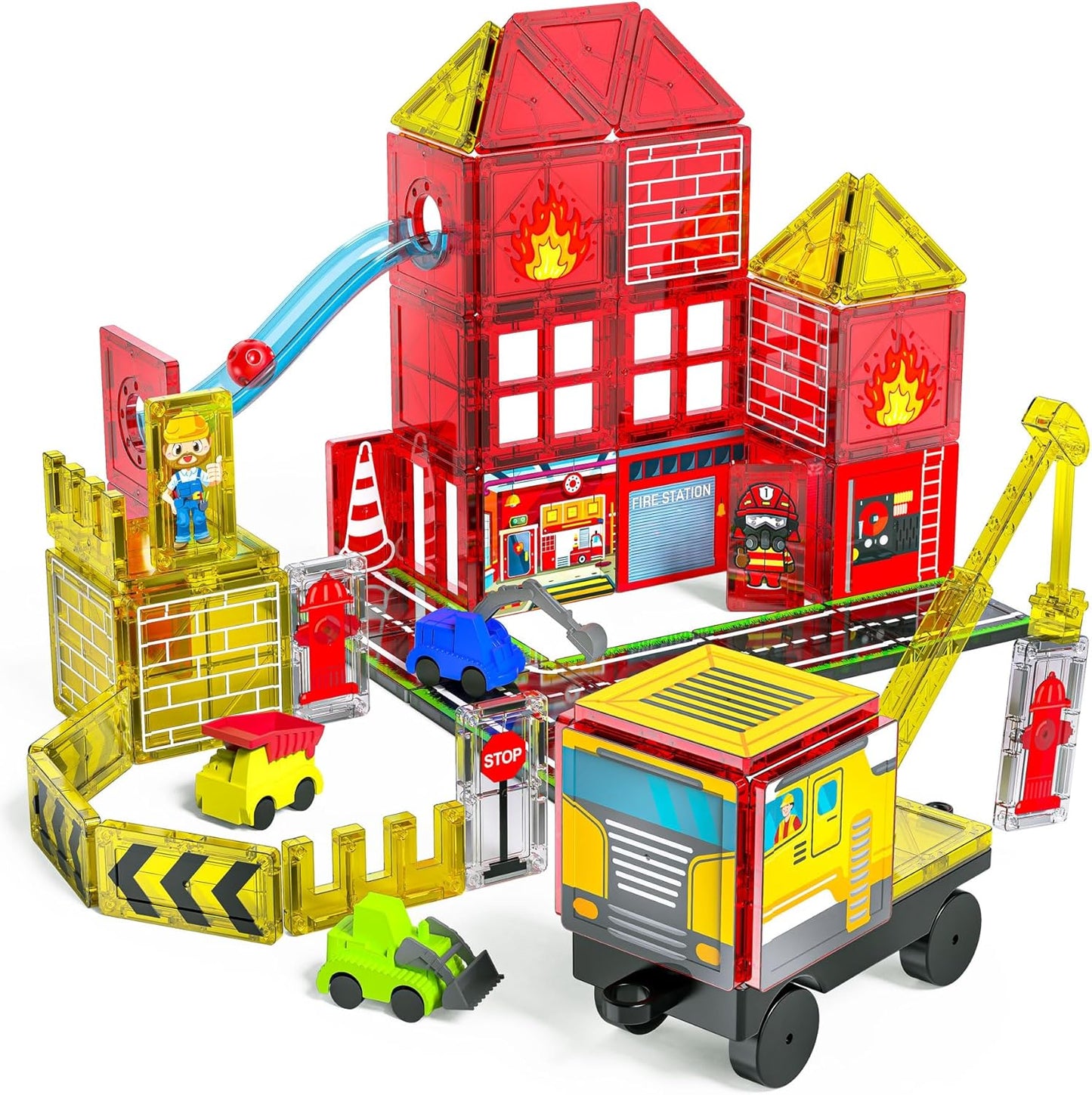 Magnetic Tiles for Kids - Fire Truck & Construction Playset
