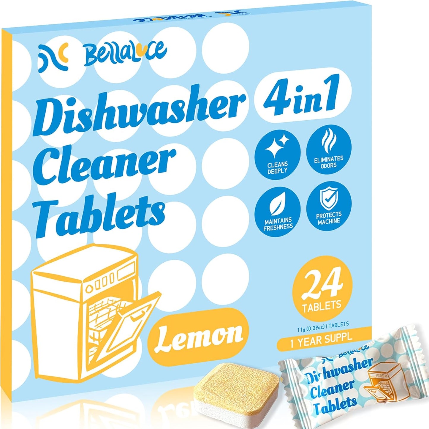 Bellaluce 24 Lemon Dishwasher Cleaning Tabs - Odor-Free Sparkle