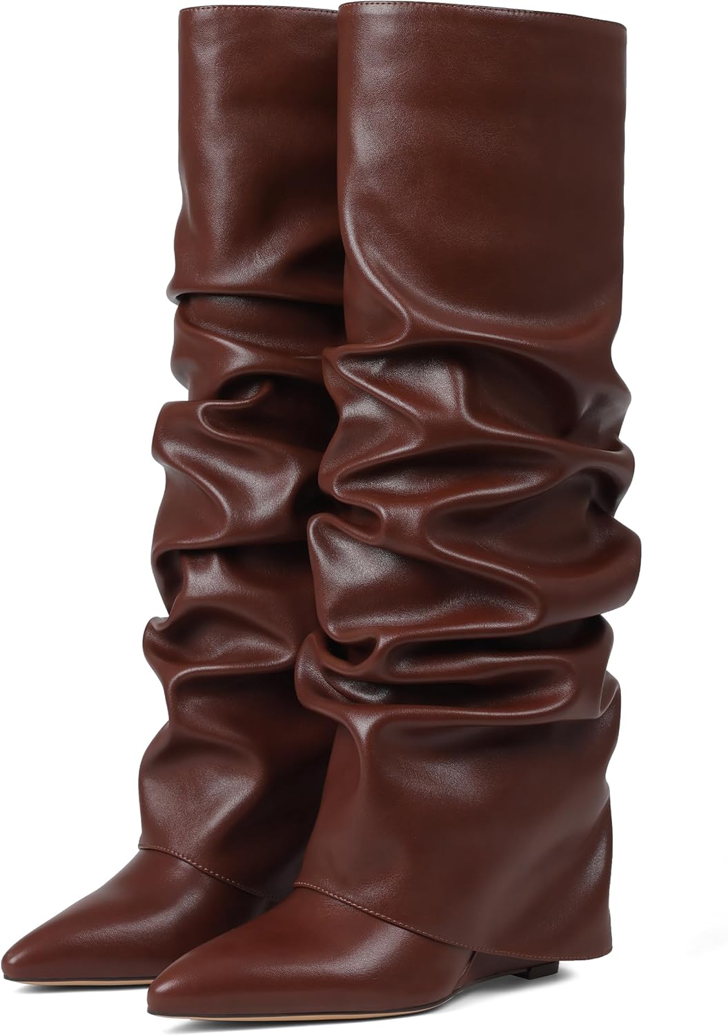 Oiamenne Women's Fold Over Slouch Knee High Wedge Heel Boots