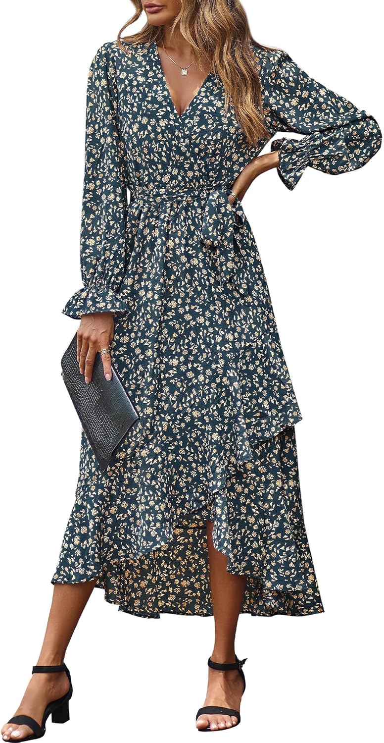 Floral High Waist Ruffle Long Sleeve Dress for Women