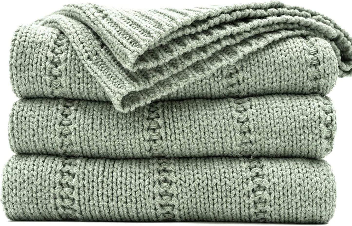 RECYCO Cable Knit Sage Green Throw Blanket for Cozy Comfort