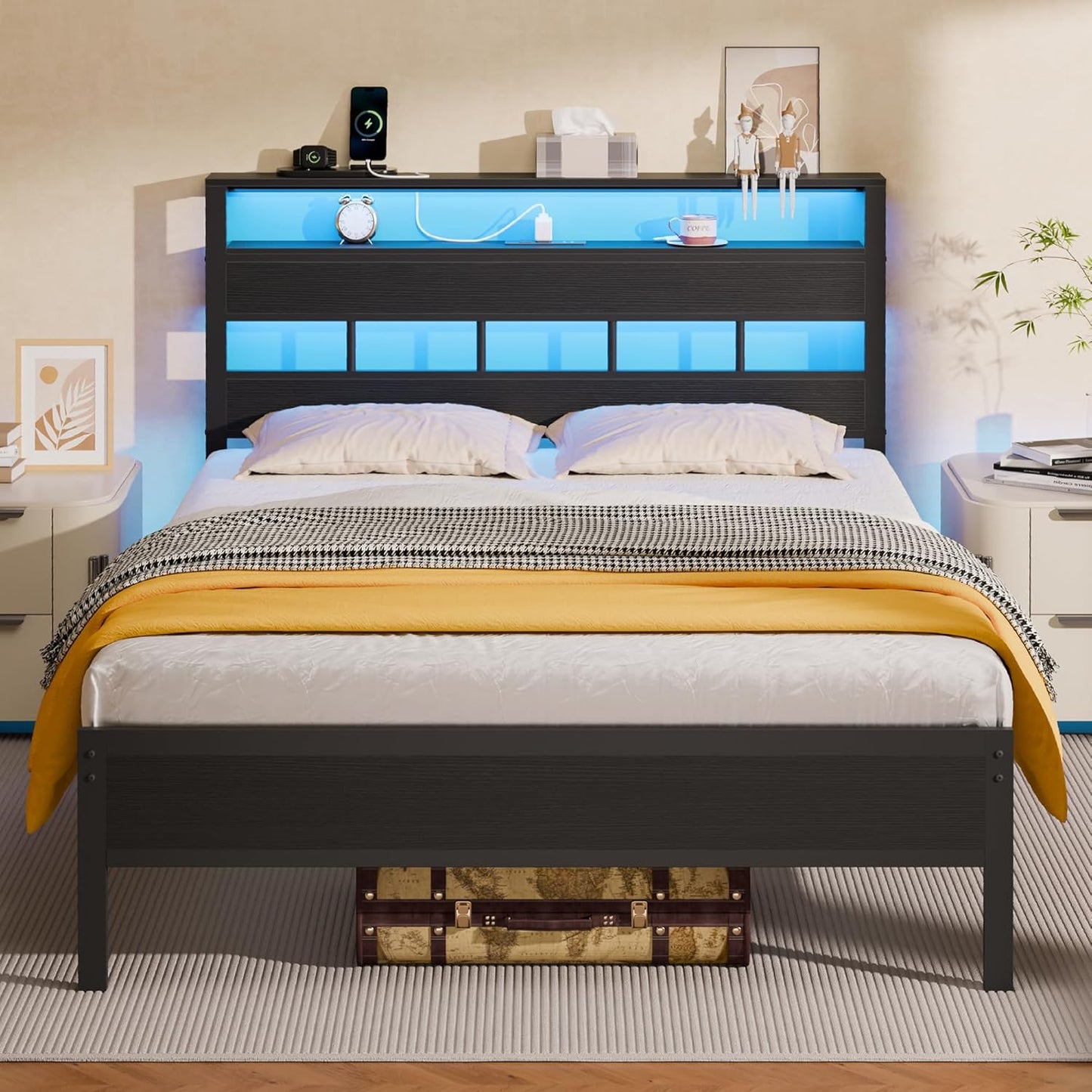 Furnulem Full Size Bed Frame with LED Light and Charging Station
