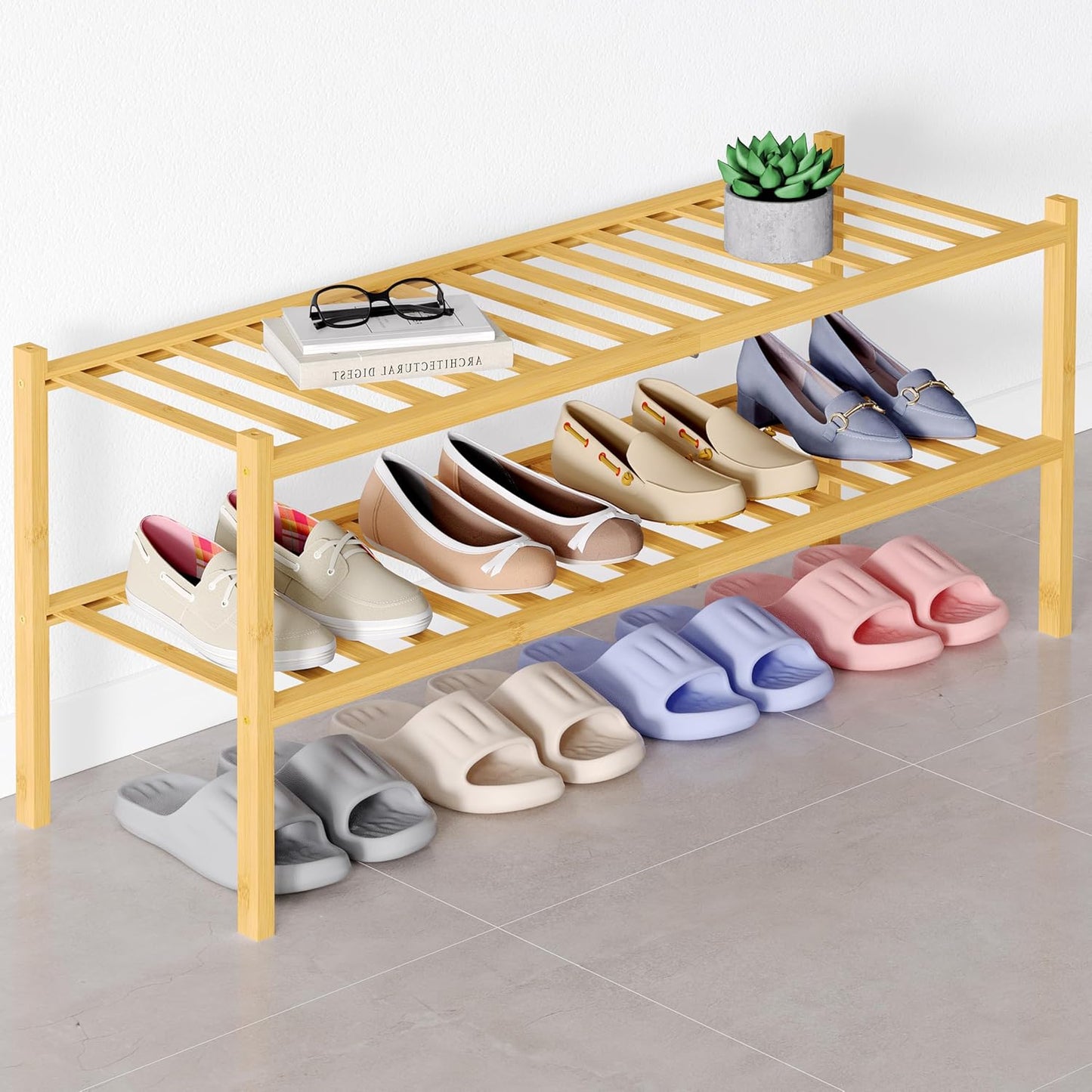 Smiry Bamboo Shoe Rack: Stylish 2 Tier Organizer for Entryway