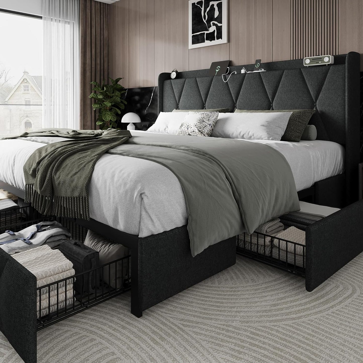 King Size Bed Frame with Storage Drawers and Charging Station