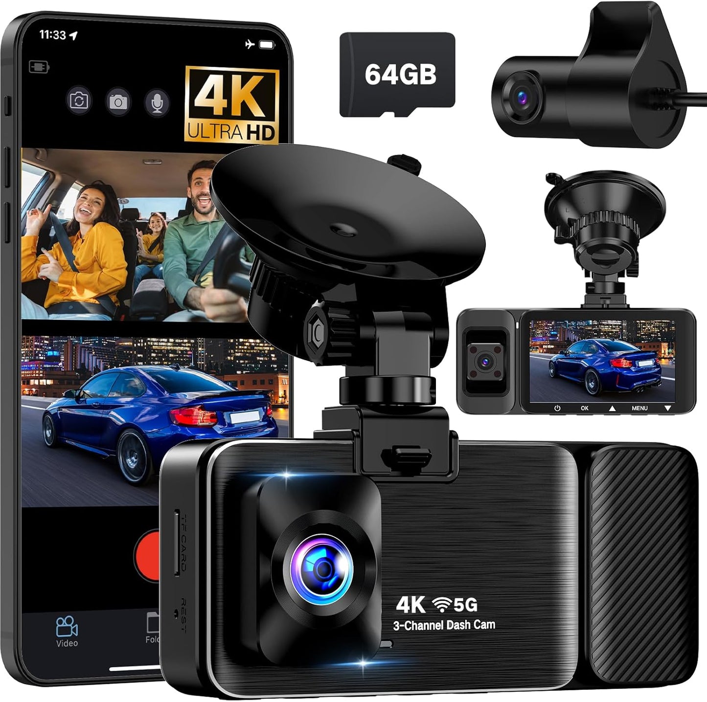 4K Dash Cam Front and Rear Inside with 5G WiFi and Night Vision