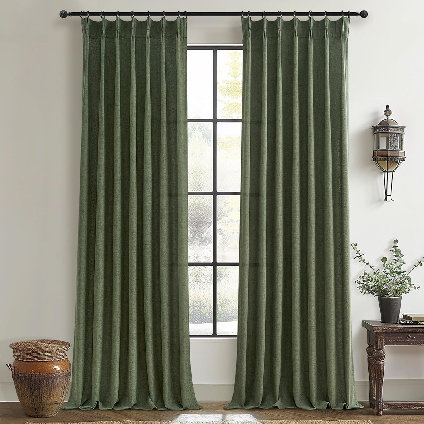 Dark Olive Green Pleat Memory Shape Linen Curtains for Home