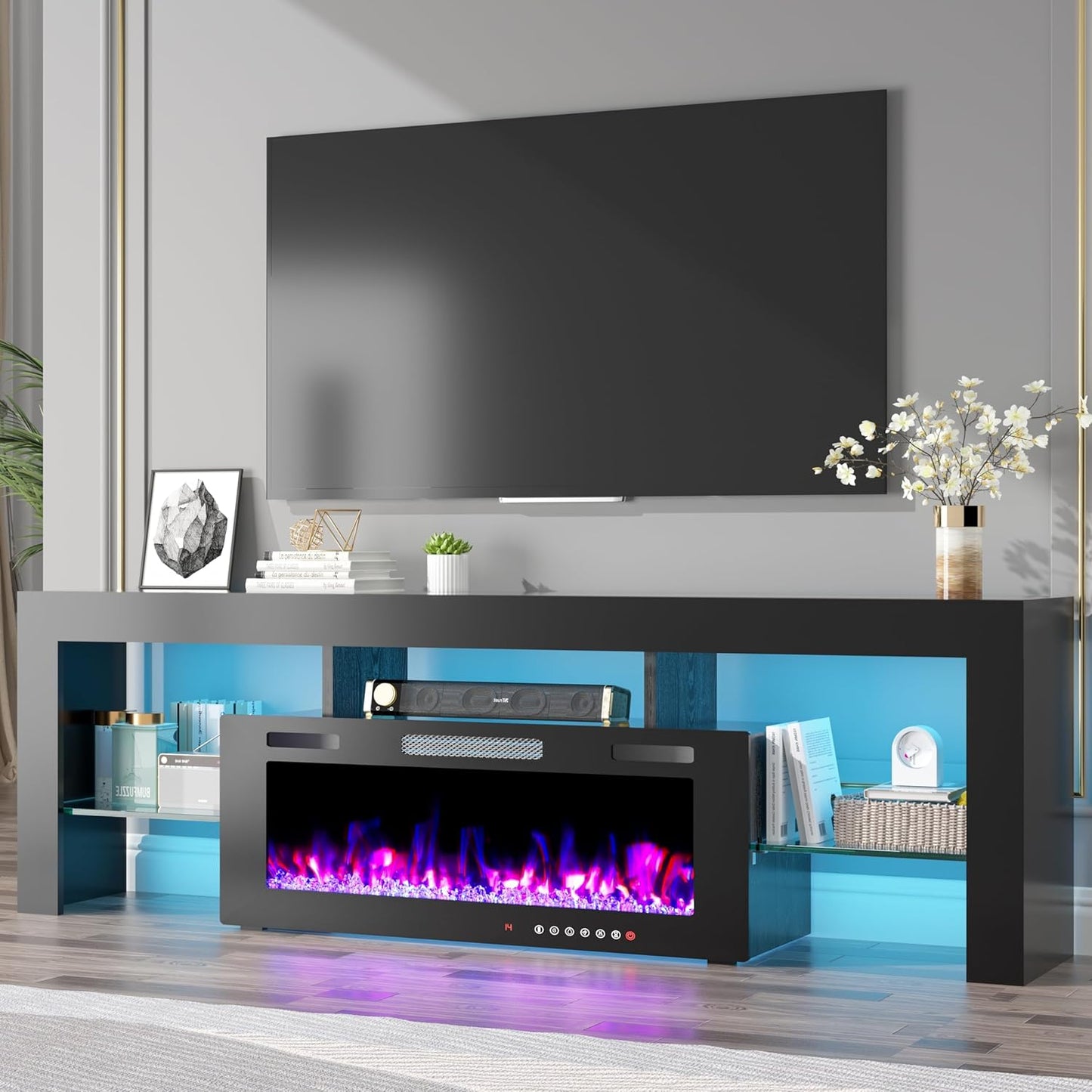 TOLEAD Black TV Stand w/ Electric Fireplace & LED Strip - Stylish Entertainment Center for TVs up to 75