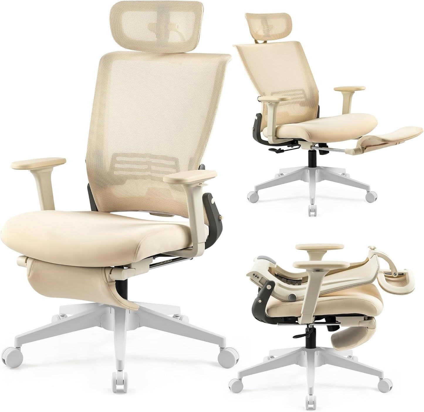 Ergonomic Office Chair with Foot Rest - Space Saving Cream