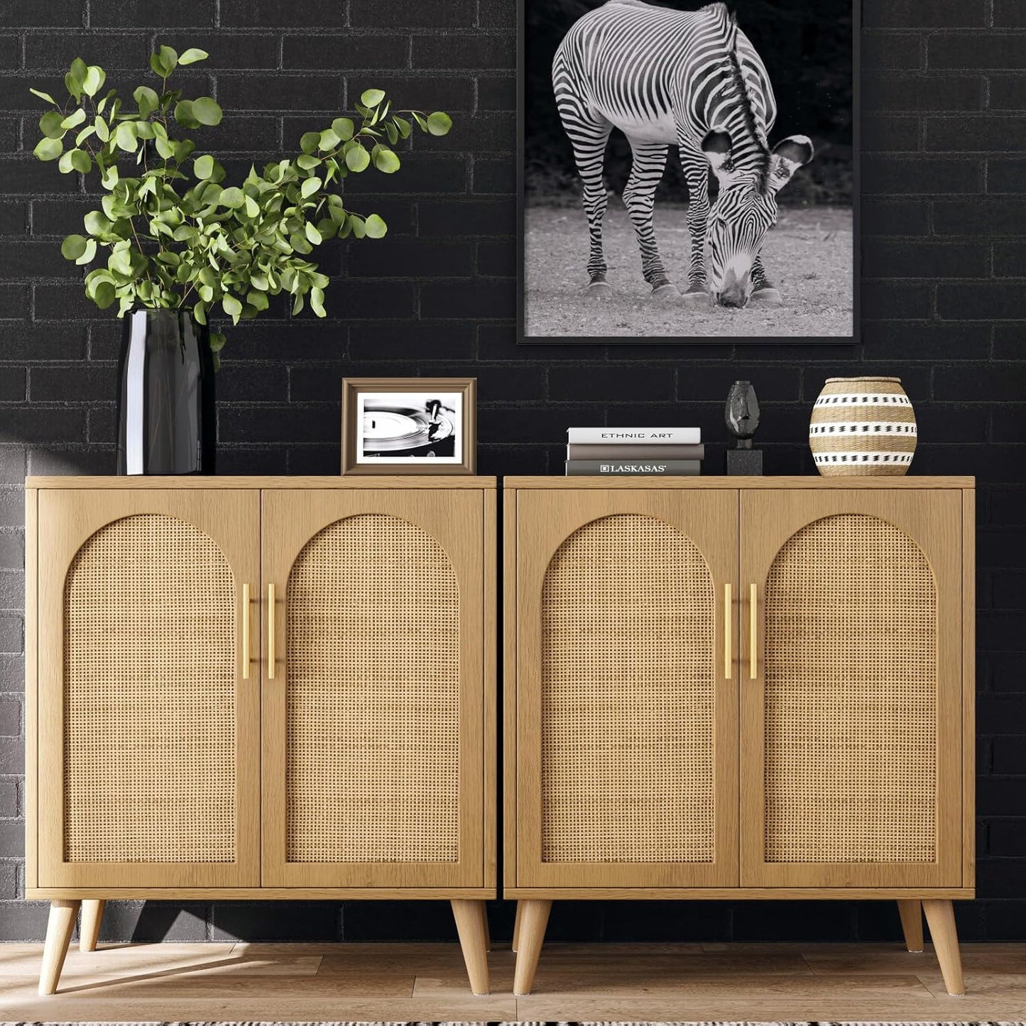 Rovaurx Rattan Storage Cabinet Set of 2 for Modern Home Decor
