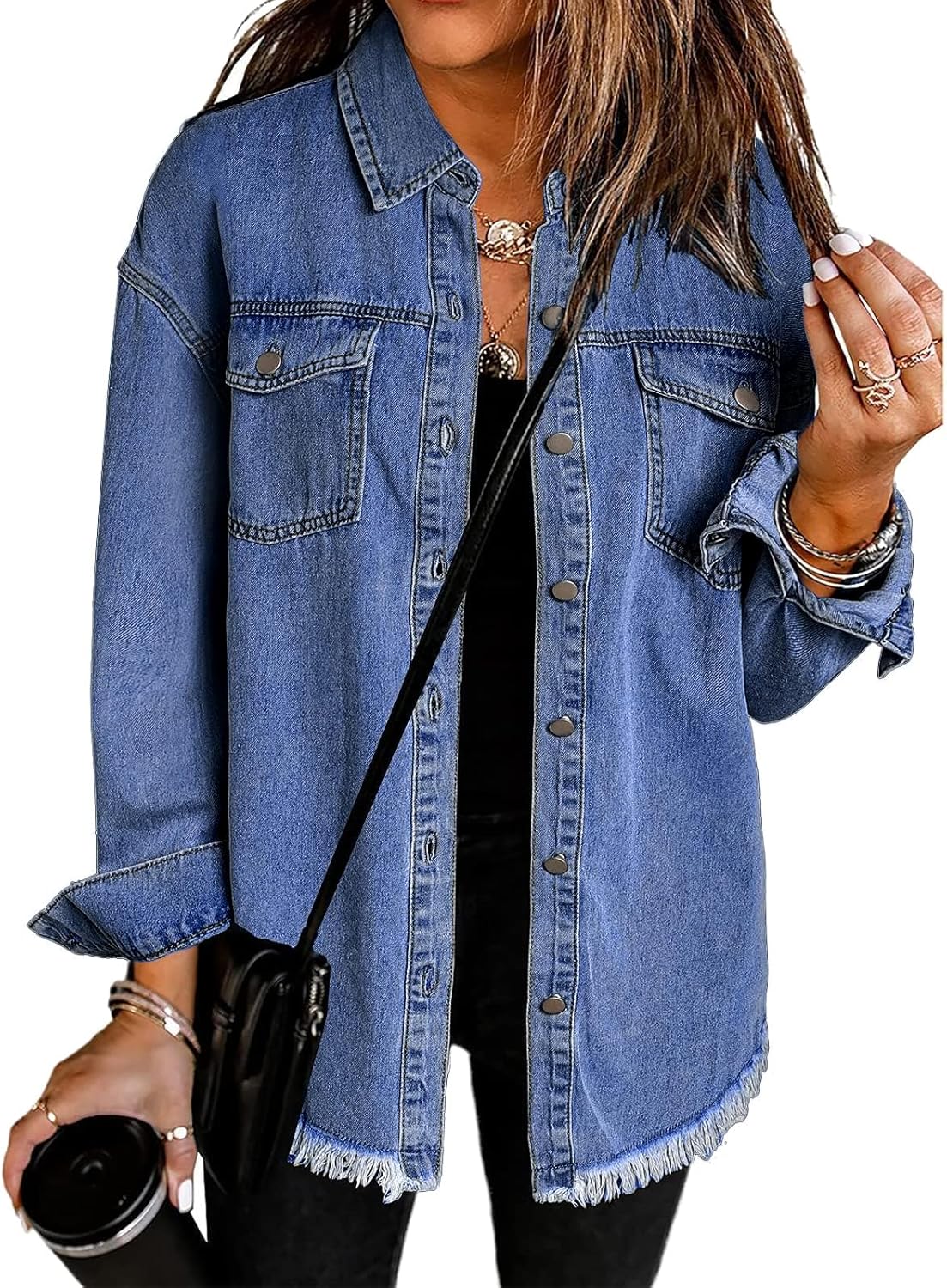Oversized Button Up Frayed Hem Shacket for Women - Denim Jacket