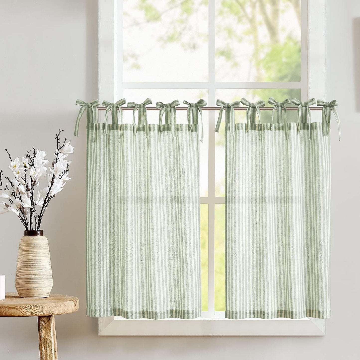 Rustic Sage Green Linen Kitchen Curtains - Set of 2