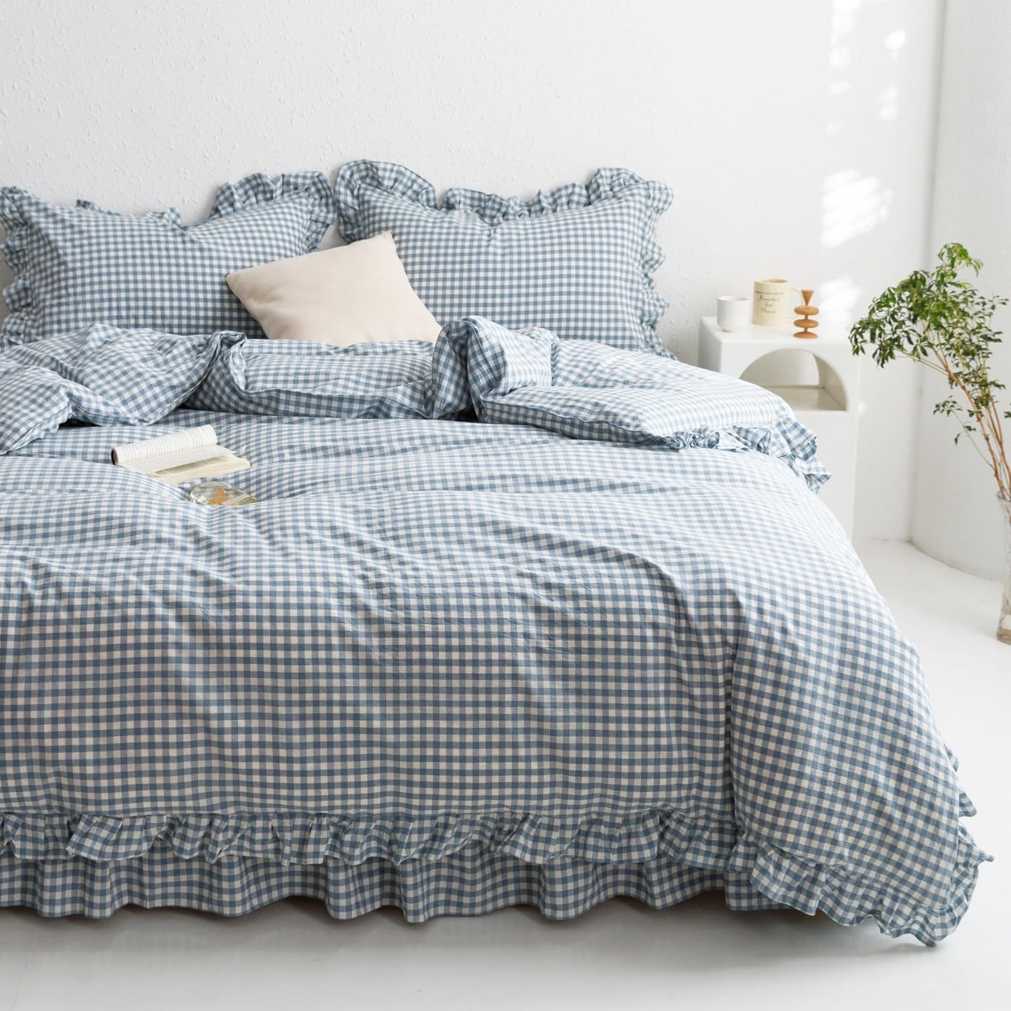 Mixinni Blue White Gingham Ruffle Duvet Cover Set for Twin XL