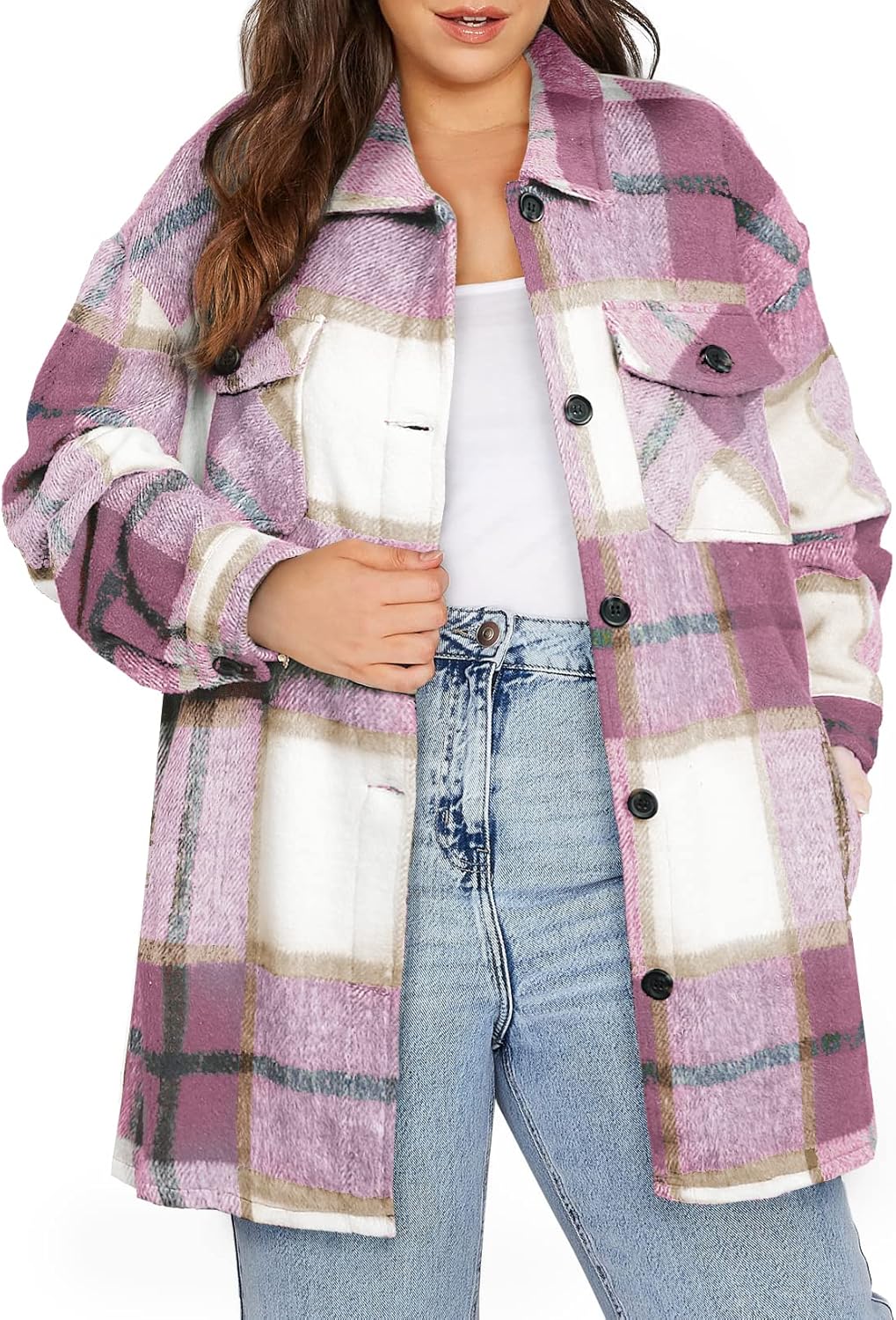 Eytino Womens Plus Size Long Sleeve Button Down Plaid Shacket