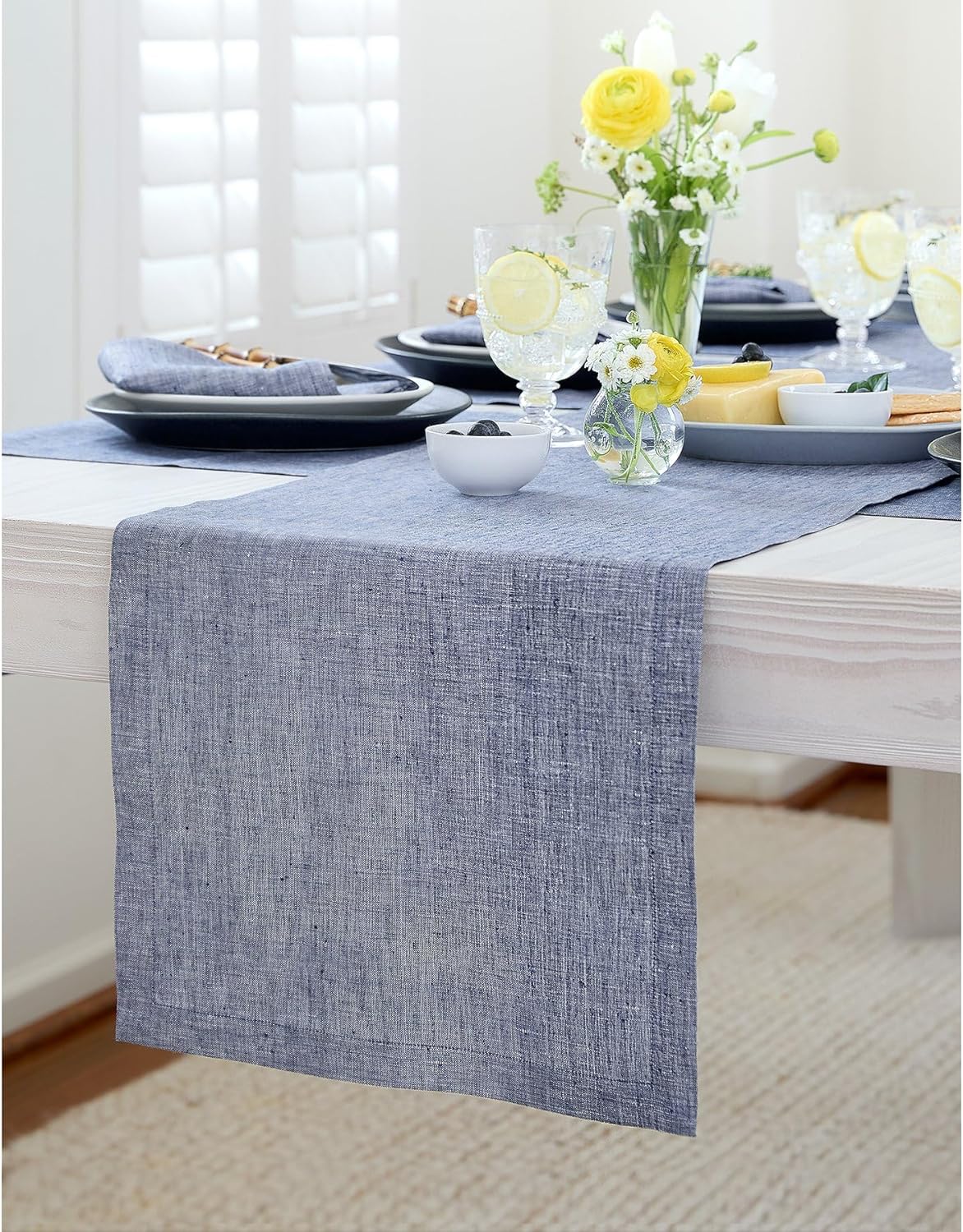 Linen Chambray Indigo Table Runner 14 x 132 Inch for Dining