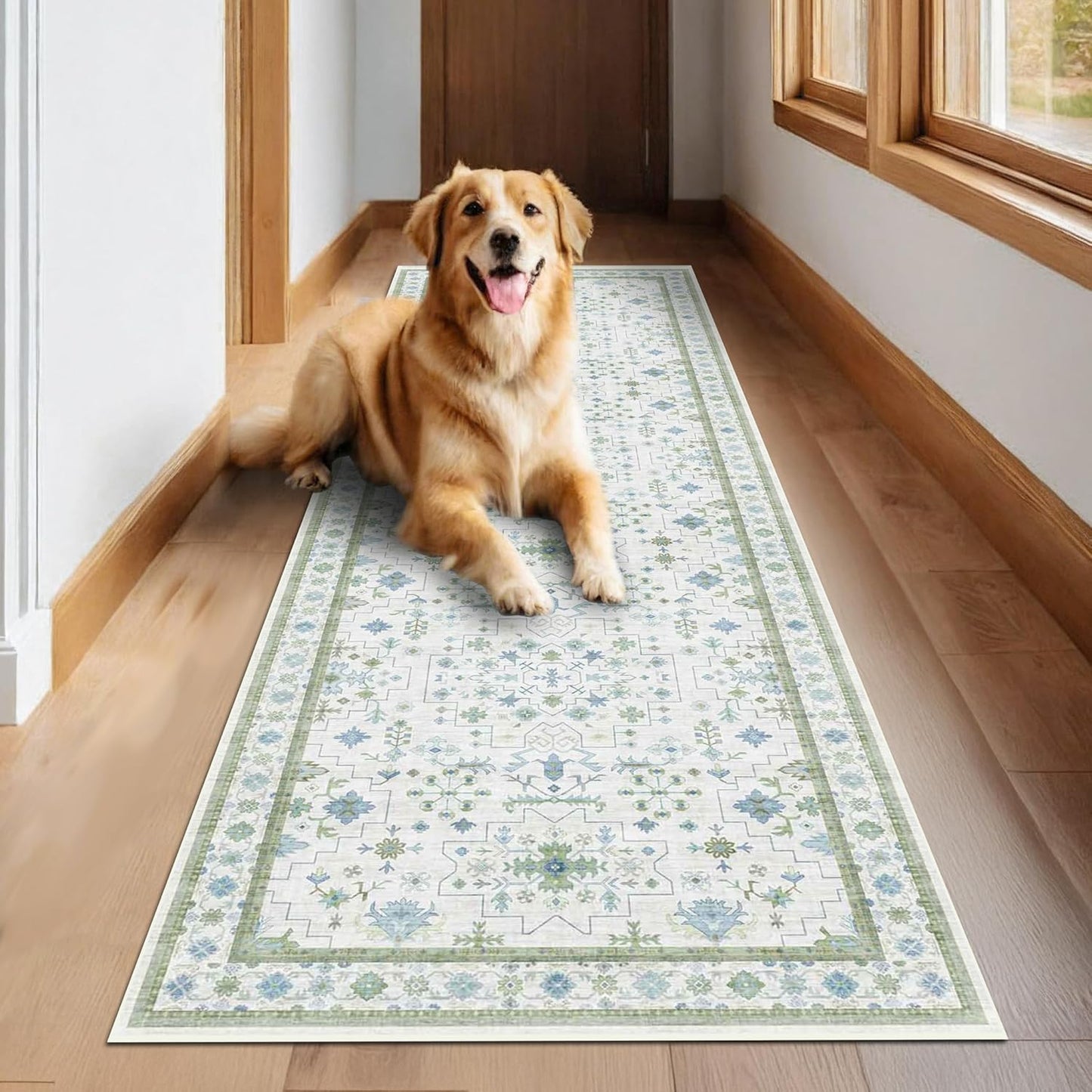 Turkish 3x8 Wide Hallway Runner - Cream Green Boho Floral Rug