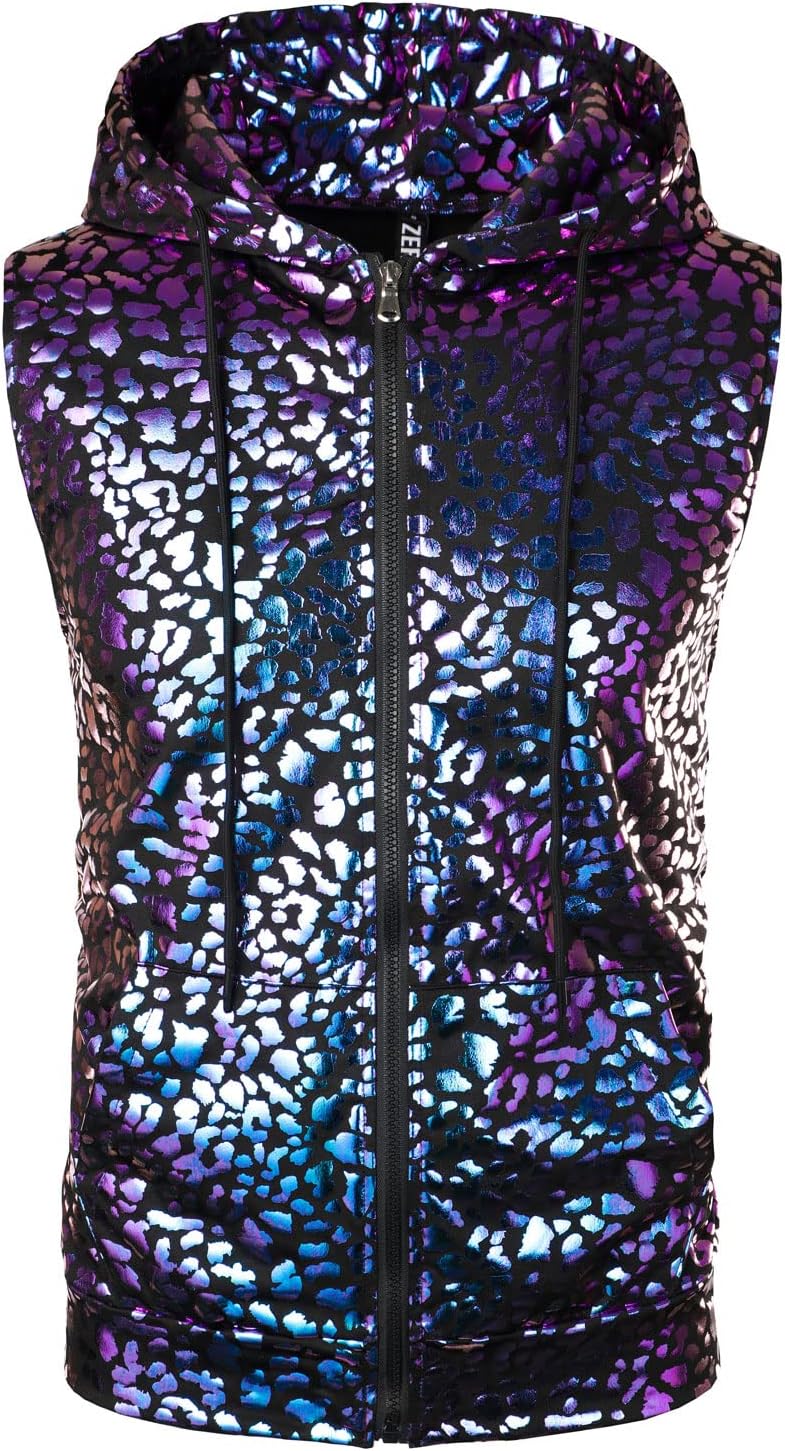 ZEROYAA Shiny Metallic Zip Up Sleeveless Hooded Vest T Shirt