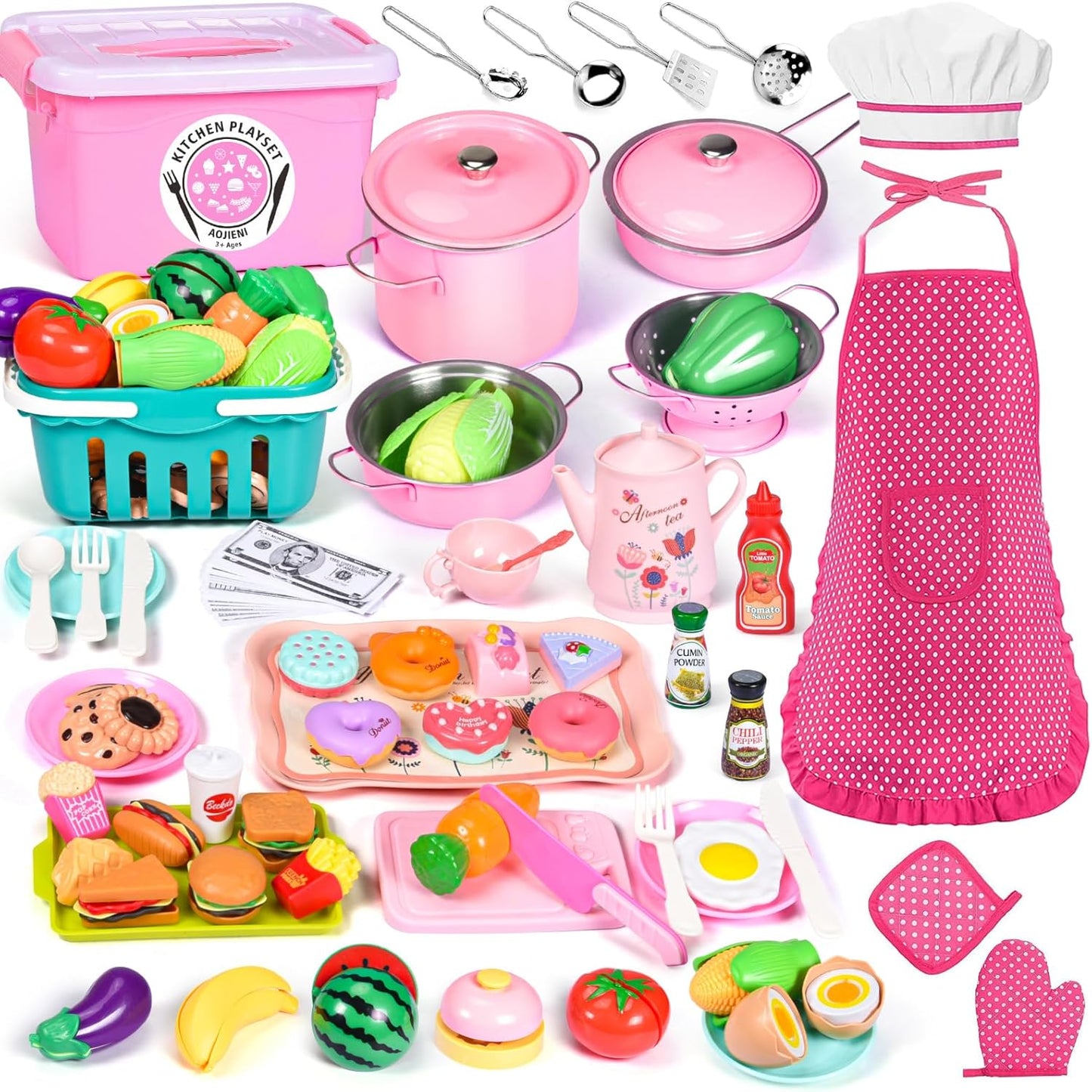 121Pcs Kids Kitchen Playset with Realistic Cooking Accessories