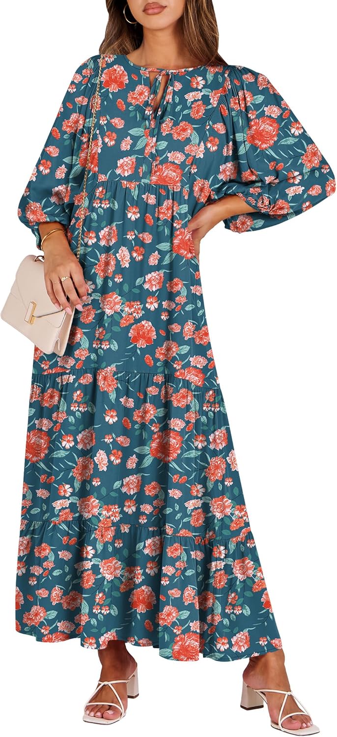 Boho Maxi Dresses for Women - Floral V Neck Puff Sleeve Style