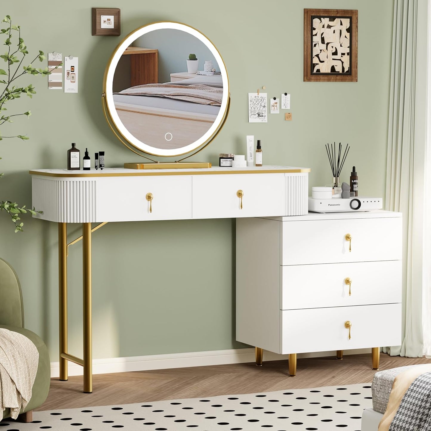 Royal Windsor LED Makeup Vanity: 3-Color Touch Screen, Storage Drawers, White