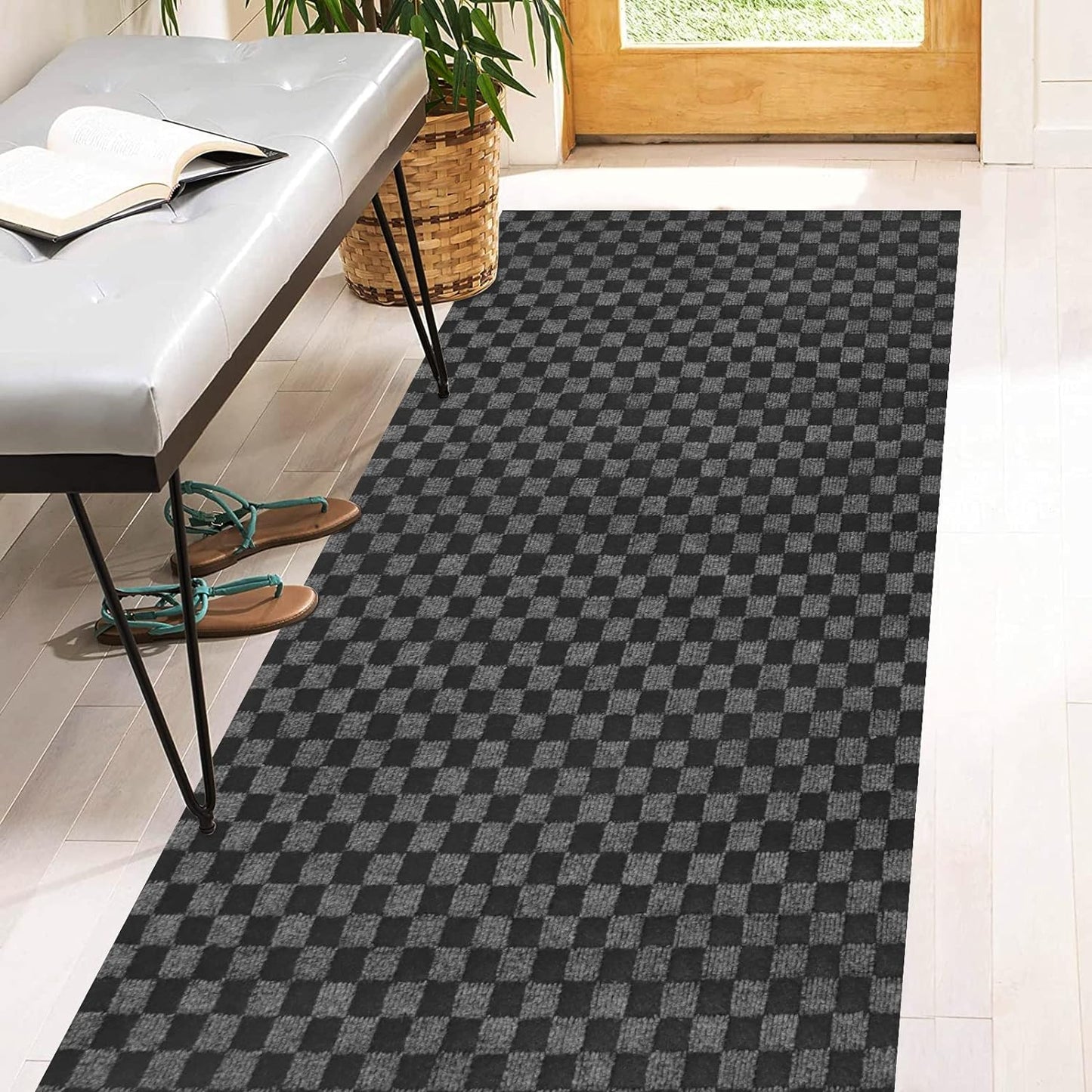 Checkered Gray 2ft x 22ft Runner Rugs with Rubber Backing