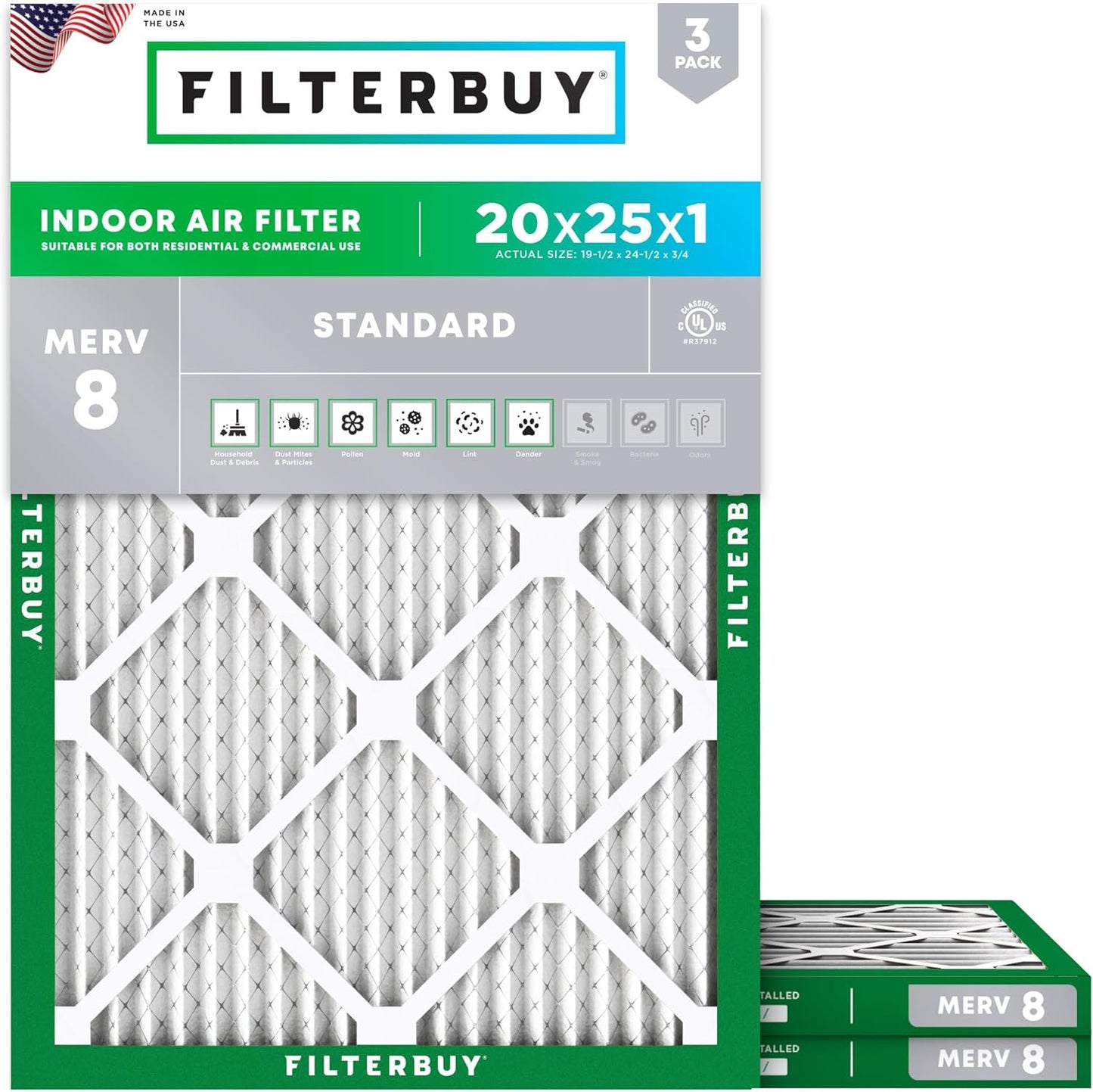 Filterbuy 20x25x1 Air Filter MERV 8 for Dust & Allergy Defense