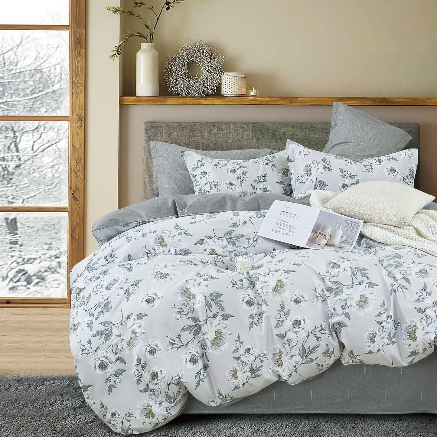 Floral Cotton Comforter King Size - Light Grey Vintage Flowers