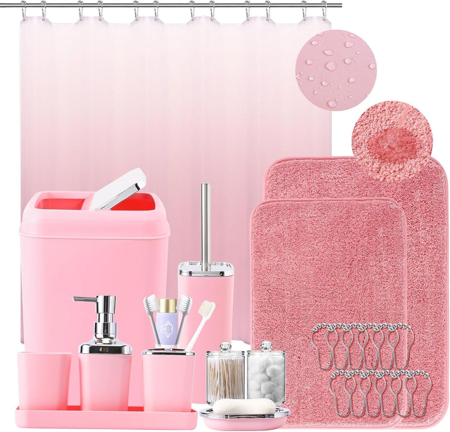 Complete Bathroom Accessory Set with Ombre Shower Curtain and Rugs
