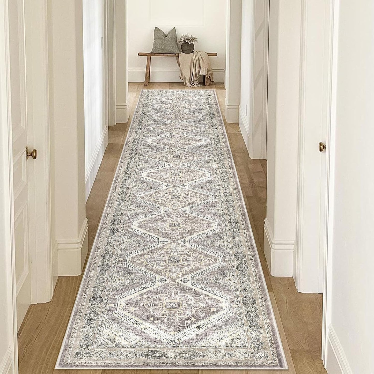 KUTA Ivory Grey Yellow Washable Runner Rug for Hallways 16ft