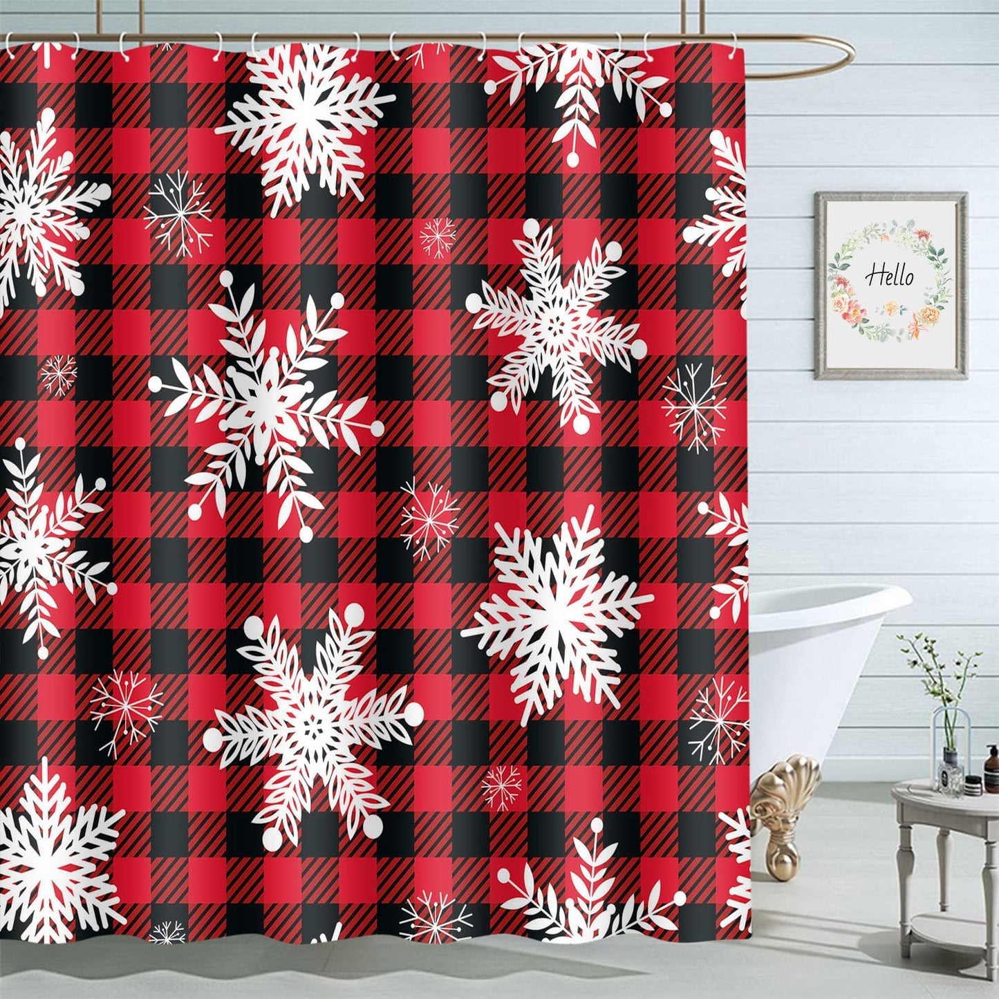 Moslion Red Black Plaid Snowflake Shower Curtain Set