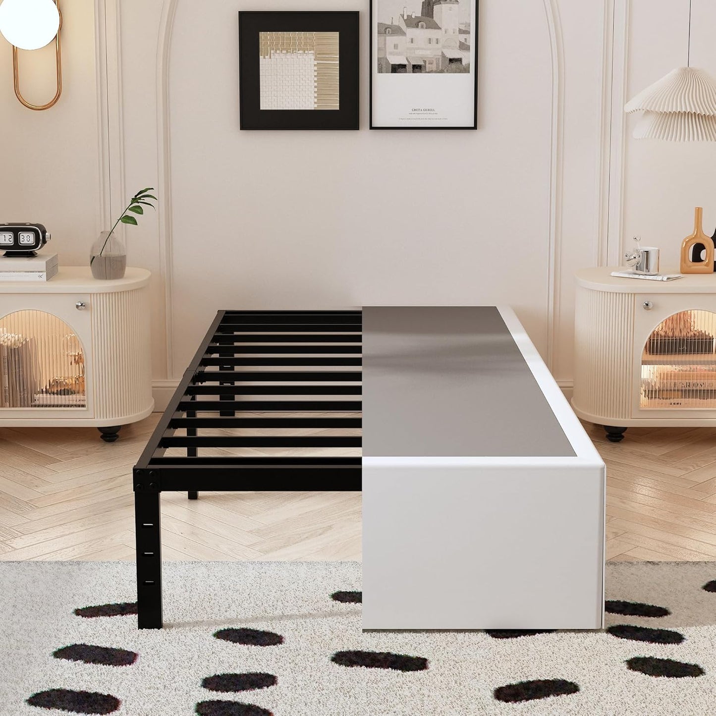 Twin Bed Frame with White Fabric Cover, Heavy Duty Metal Design
