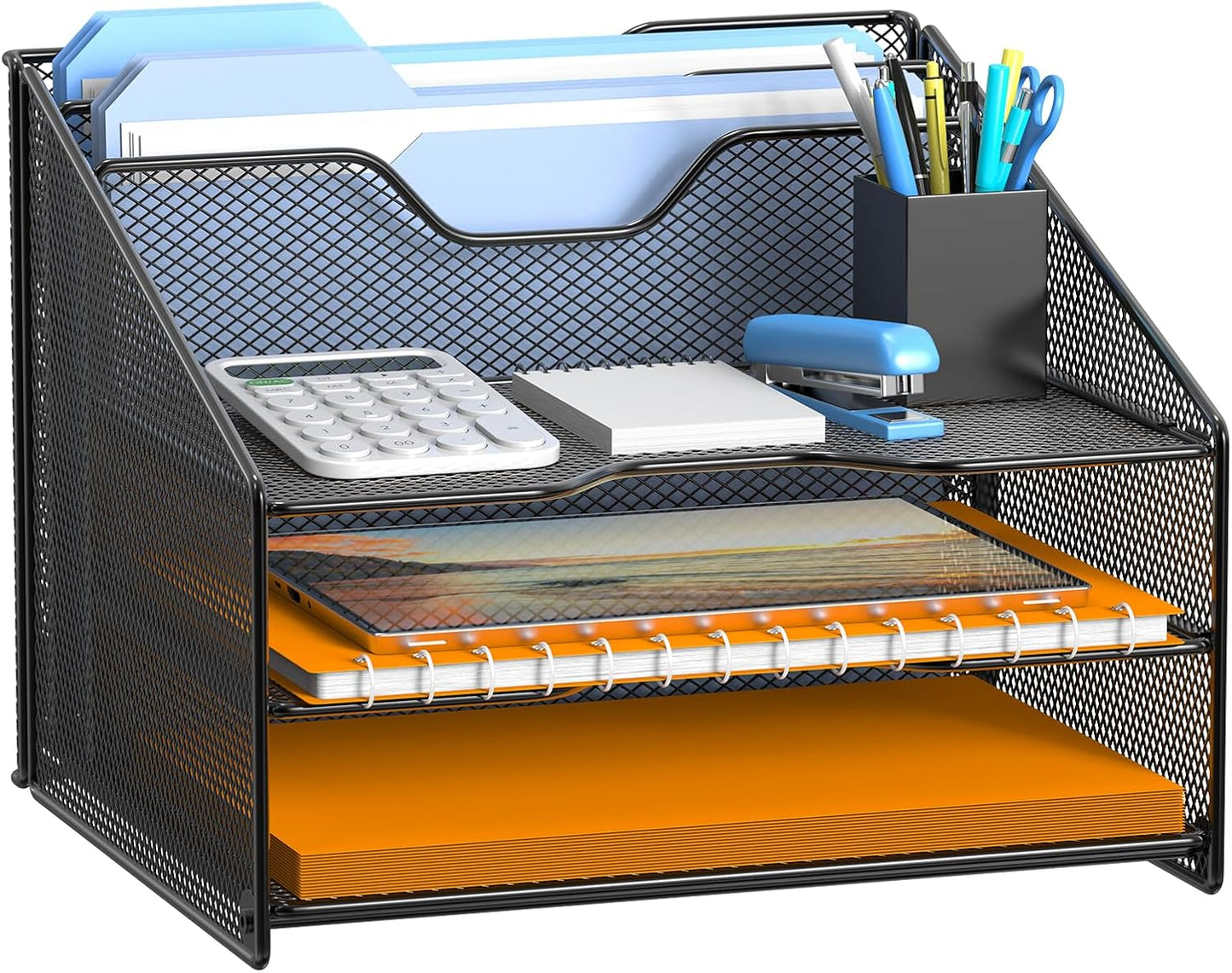 Samstar Mesh Desk Organizer: 3 Trays, 2 Sections, Black