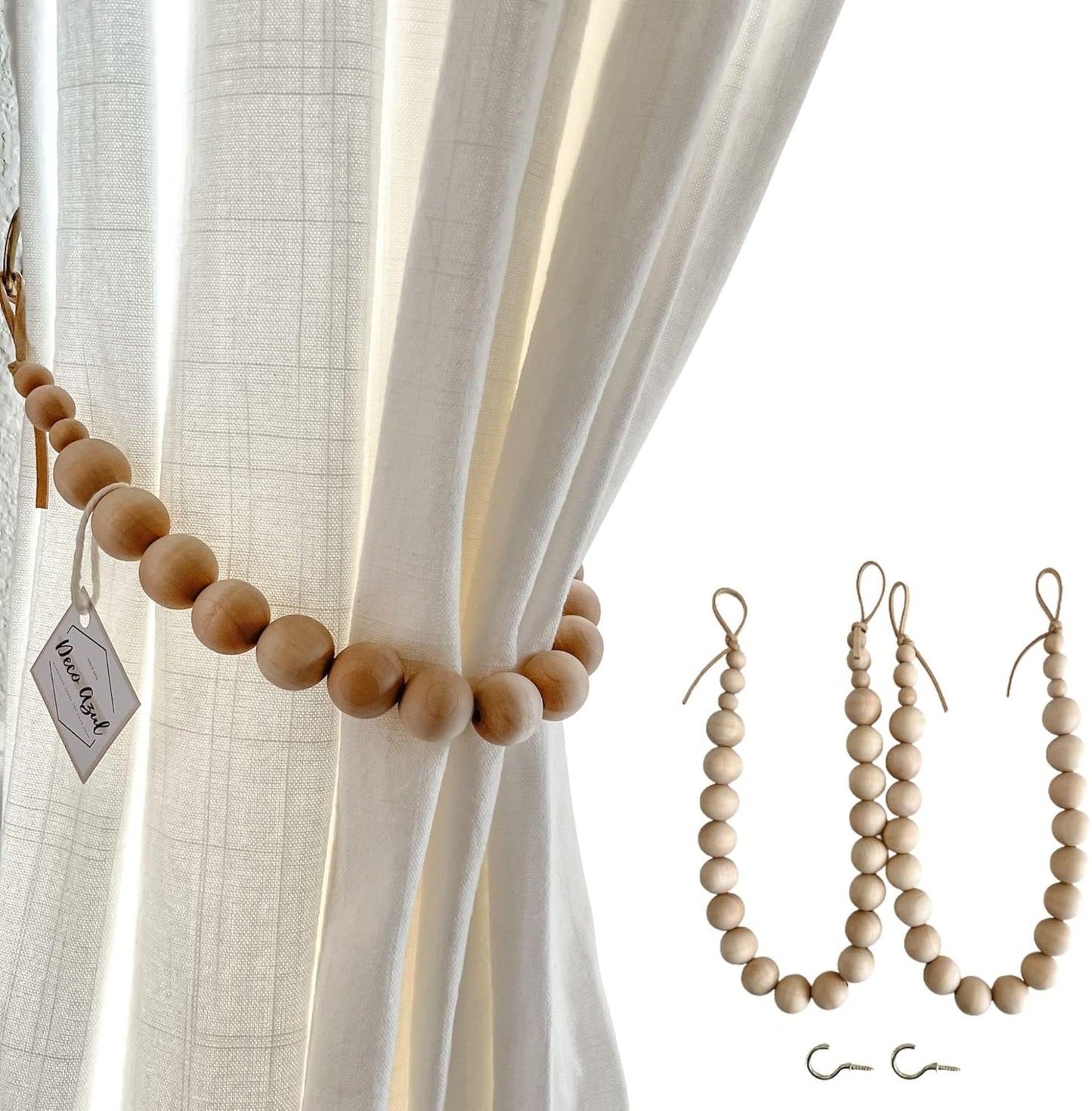 Boho Wood Bead Curtain Tiebacks - Set of 2