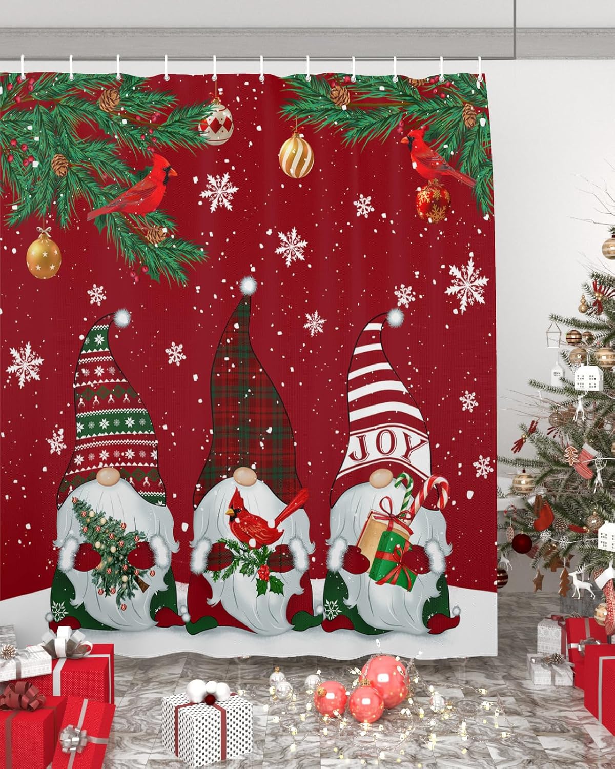 Winter Wonderland Gnome Shower Curtain Set | Waterproof Polyester | Festive Merry Xmas Decor