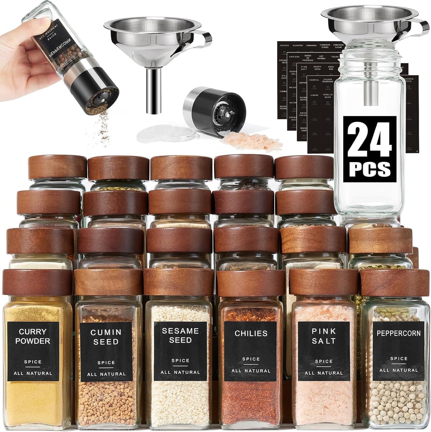 24Pcs Glass Spice Jars Set with Wood Lids for Kitchen Storage