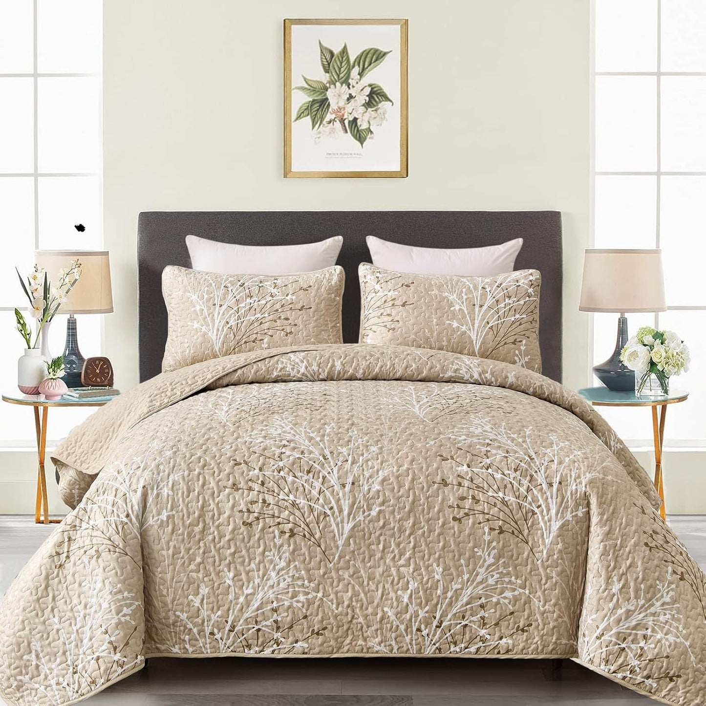 Beige Quilt Set Full Size 3 Piece Botanical Pattern Coverlet