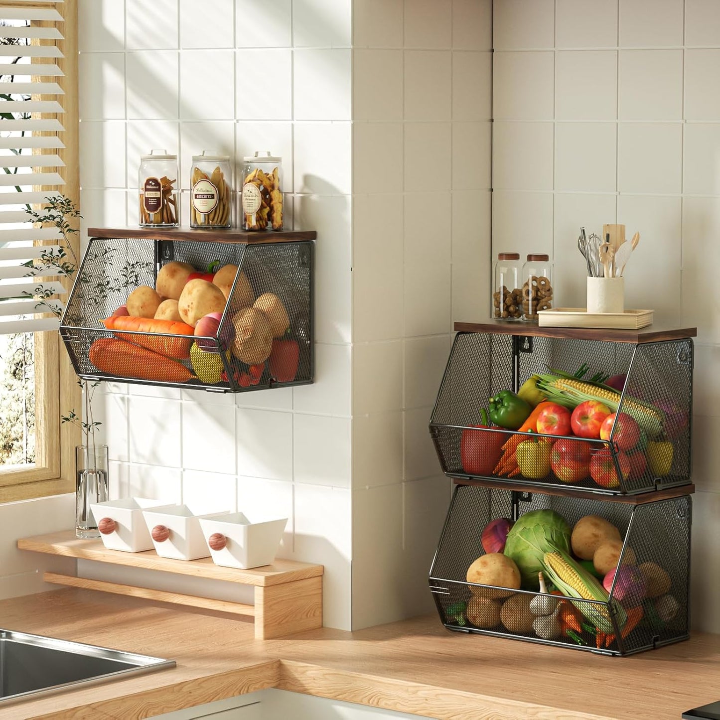 Litwaro Fruit Basket Wire Baskets with Wood Lid for Storage