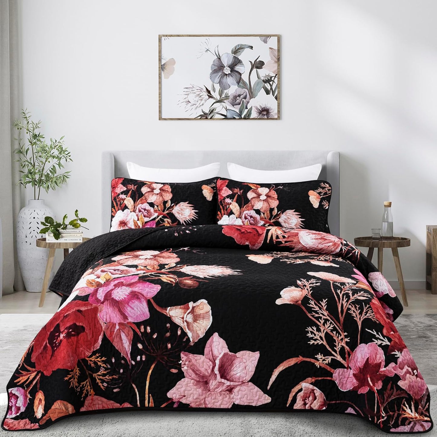 Red Floral Quilt Set King 3 Pieces Soft Microfiber Coverlet