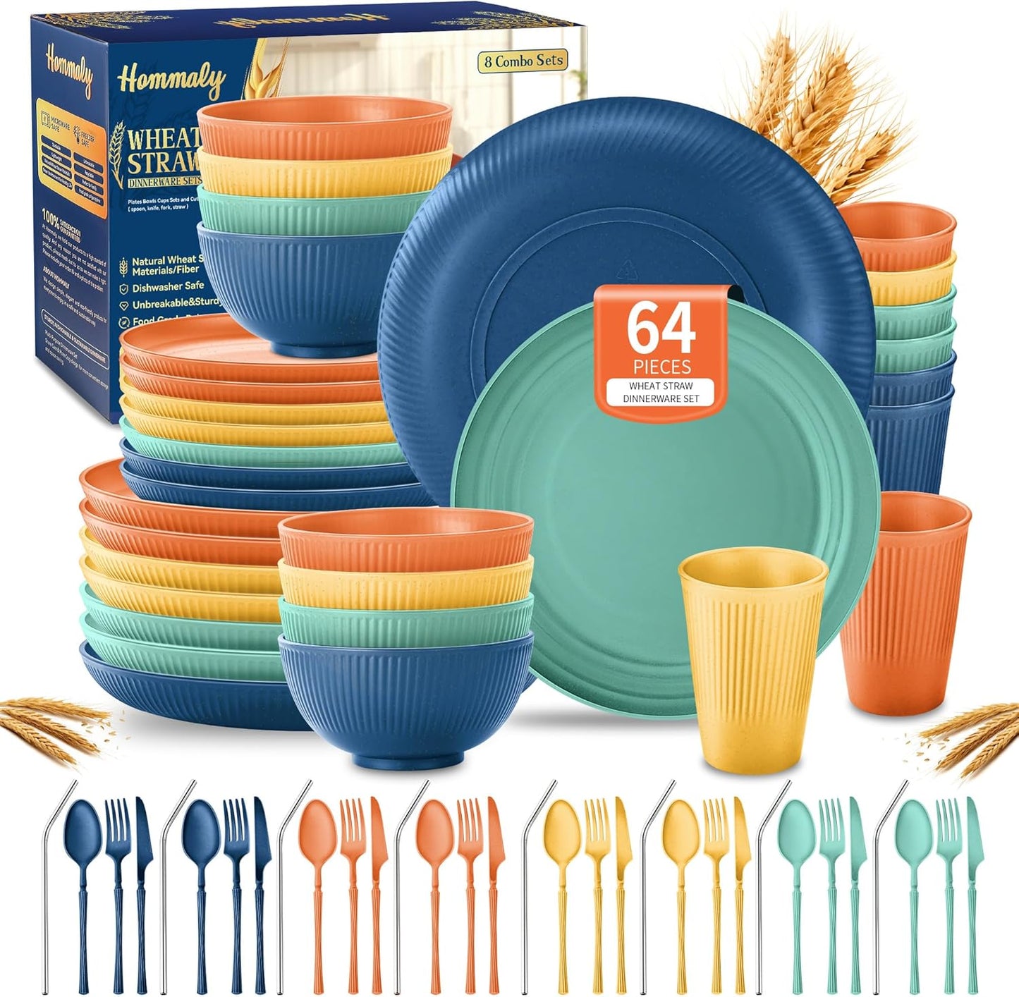 Wheat Straw Dinnerware Sets - 64-Piece Unbreakable Dish Set