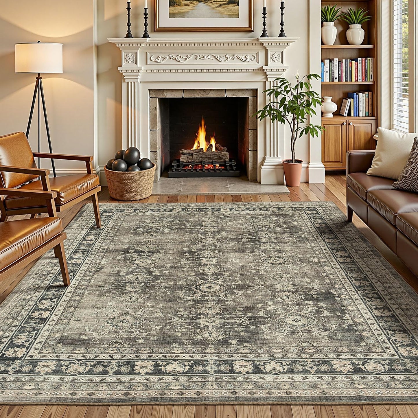 Vintage Brown Distressed Floral Area Rug for Cozy Living Spaces