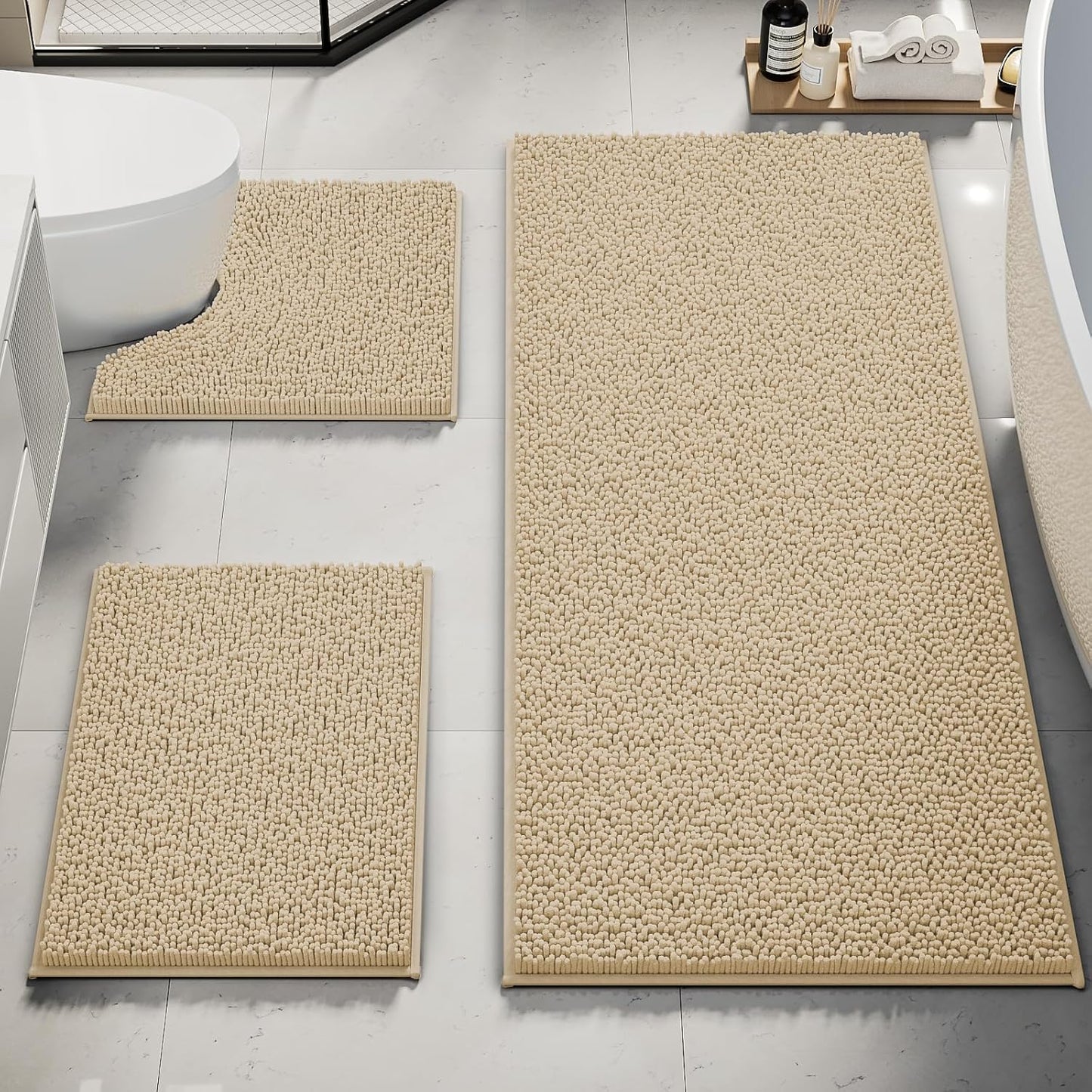 Chenille Bath Mat Set 3 Piece, Ultra Soft Non-Slip Rugs