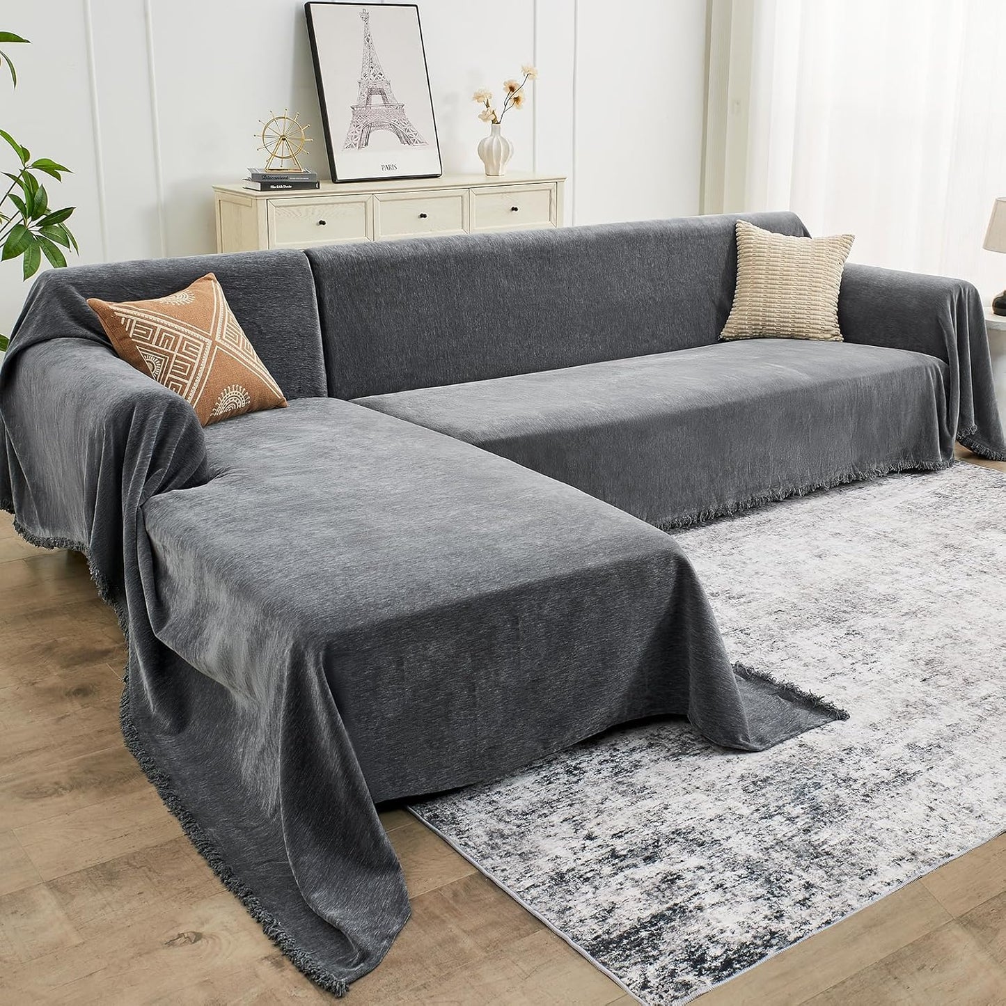 Chenille Sectional Couch Covers for L Shaped Sofas - Dark Gray